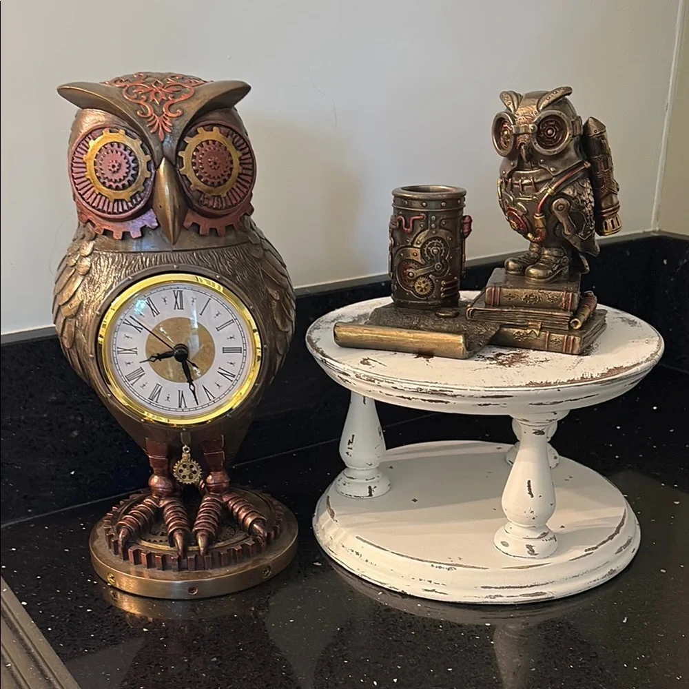 Steampunk Owl Cell Phone Pen Desk Statue Figurine Bronze Aviator Space Halloween